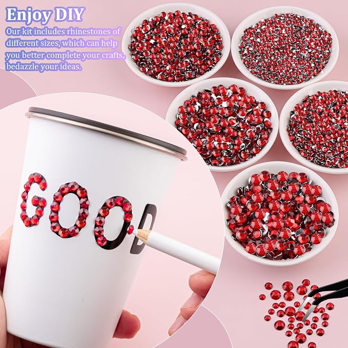 25000Pcs Resin Rhinestones for Crafting, Red 2-6mm Mixed Sizes Non Hotfix Flatback Gems with 1Pcs Glue, Bedazzling Crystal for DIY Craft Clothing Mugs Tumblers Shoes Fabric Decor Nail Art