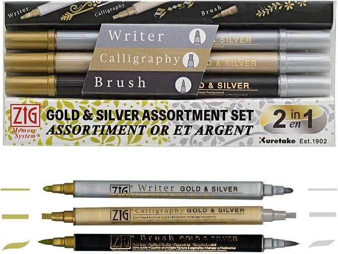 Kuretake Pen Marker Gold Silver Twin Marker Set MS/3VGS, Christmas card, Brush Lettering, Illustration, card making, Writing, Made in Japan