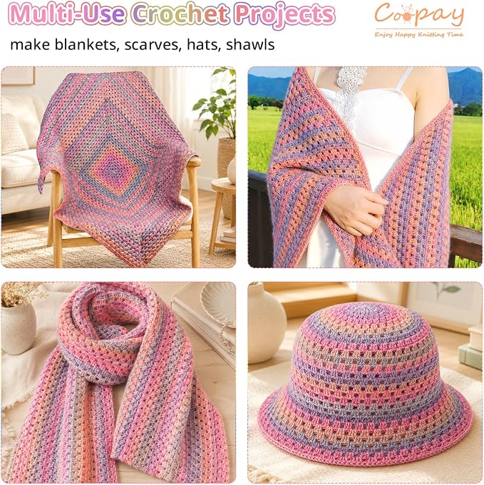 Coopay Gradient Crochet Kit for Beginners Adults, Granny Square Blanket Kit