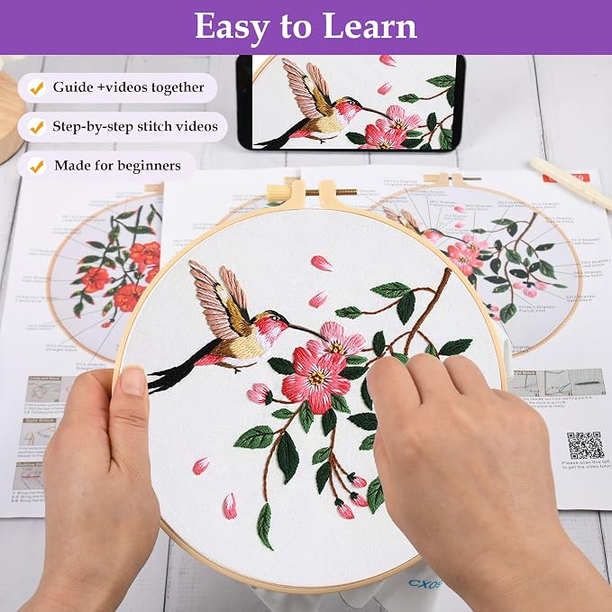 Embroidery Kit for Beginners,3 Pack Hummingbird and Flower Cross Stitch Kits for Adults,Needlepoint kit with Stamped Patterns,Hoop,Threads for Craft Lover,Hand Stitch with Embroidery Skill Techniques