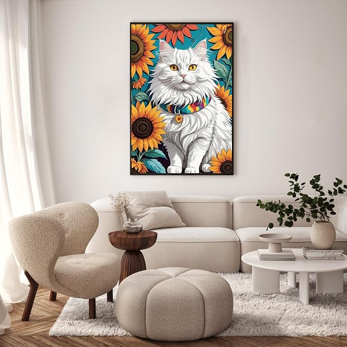 GEEHEIY Framed Paint by Numbers Kit for Adults, Cat Sunflowers, 8 x 12 Inch | DIY Adult Paint by Number Kit for Beginners, Cat Wall Decor, Stress Relief Craft Gift, Creative Hobby