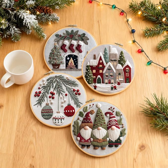 Santune Christmas Embroidery kit,Fall Needlepoint Cross Stitch Kits for Beginners Adult,Needle Point Sets,4 Embroidery,2 Hoops,Christmas Ornaments