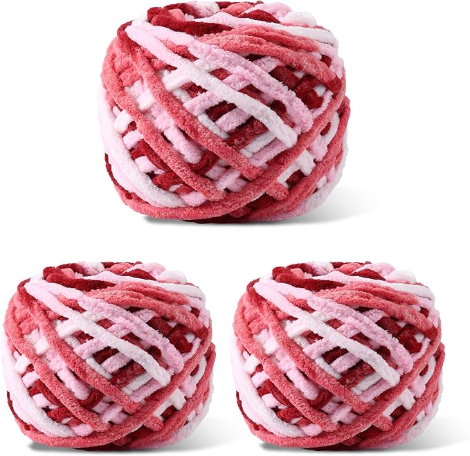 Plush Chenille Chunky Yarn for Crocheting 100g(54.6yd) - Bulky Thick Fluffy Yarn for Knitting- Soft Velvet for Baby, Blanket Knitting Blanket Yarns- Amigurumi Yarns (3-White + Pink + Red)