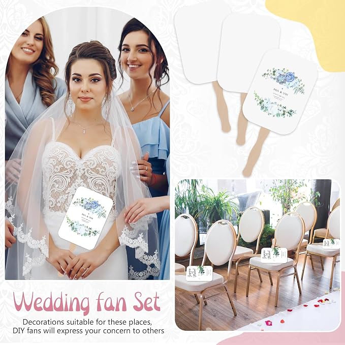 Taobary 50 Pieces DIY Paper Church Fans Handle Wooden Sticks for Wedding | Handheld Blank White Cardstock Craft Fans, Wavy Edge Design, Includes Tape for Events,Celebration,Decoration