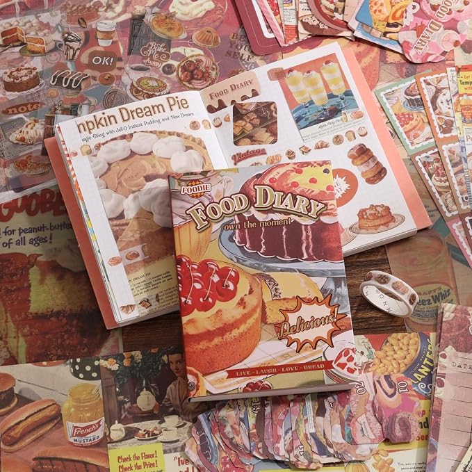 Scrapbooking Supplies Kit, Vintage Culinary Aesthetic Scrapbook Kit for Bullet Junk Journal, Gourmet DIY Journaling Supplies with Recipe, Dessert, Kitchen, Cafe Elements, Unique Gift for Teens & Women