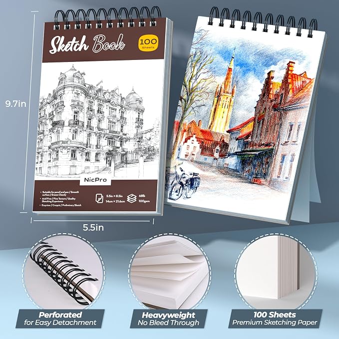 Nicpro 58PCS Art Drawing Supplies Kit in Leather Case,Pro Art Kit for Adult | Sketch Kit with 12 Micron Pen, 6 Metal Art Mechanical Pencil Set 0.5-2mm, 100 Sheets Sketch Book, Best Gift for Artist Teen