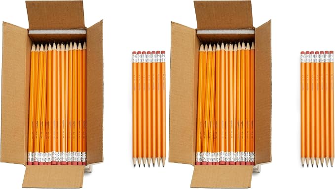Amazon Basics Wood-Cased #2 Pencils for Writing, Drawing and Sketching, Pre-sharpened, HB Soft Lead with Erasers, Teacher Supplies, 150 Count, Yellow (Pack of 2)
