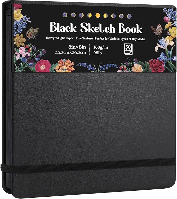 160gsm Black Paper Sketchbook 8 × 8 in, 50 Sheets Black Paper Notebook