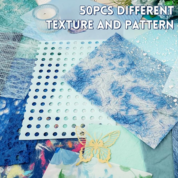 50 Sheets Unique Handmade Textured Scrapbook Paper & Mesh Fabric Set - Junk Journal Supplies Craft Paper for Scrapbooking Journaling Supplies for Junk Journal Retro Crafts（Blue）