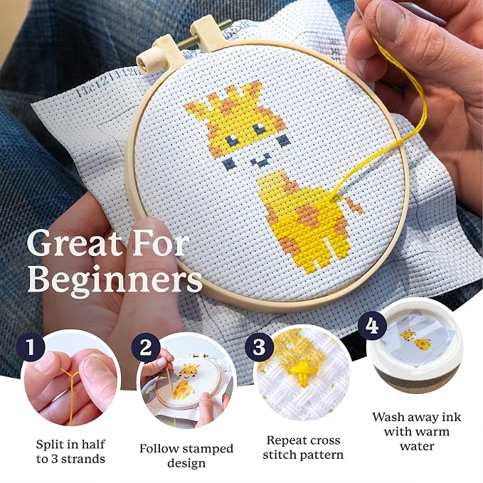 Kraftex Floral Stamped Cross Stitch Kits for Beginners - 3 Pack. DIY Embroidery Needlepoint Patterns for Adults. Easy Cross Stitch Kits for Beginners (Zoo Creatures)