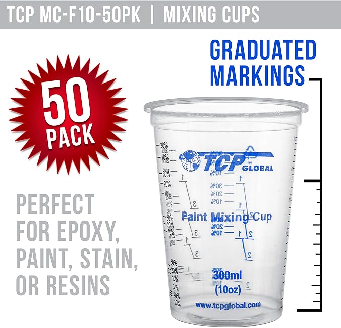 TCP Global 10 oz. (300ml) Graduated Plastic Mixing Cups - Box of 50 | Plus 50 Mixing Sticks, Disposable Plastic Measuring Cups for Liquids, Paints, Resin, Epoxy, Kitchen , Ratios 2-1, 3-1, 4-1 ML
