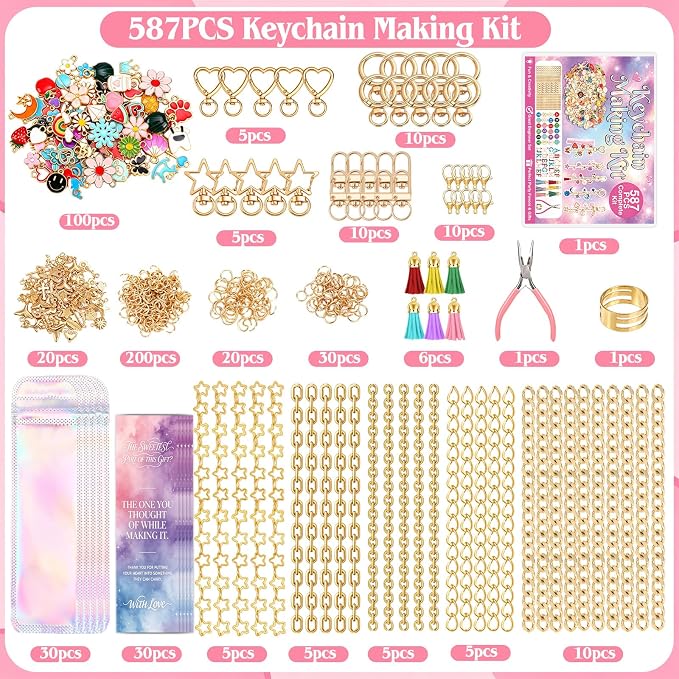 Kanmeii 587Pcs Lip Gloss Keychain Making Kit DIY Craft Supplies with Charms