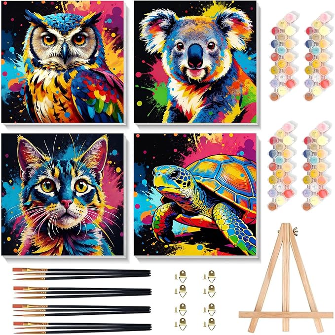 Arttoplus 4 Pack Paint by Numbers Kit for Kids with Frame 8x8in, Animals | Kids Paint by Numbers Ages 4-8-12 with Wooden Easel, Easy Owl Koala Cat Turtle DIY Oil Painting by number for Gift Home Decor