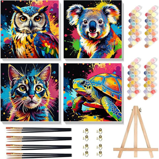 Arttoplus 4 Pack Paint by Numbers Kit for Kids with Frame 8x8in, Animals | Kids Paint by Numbers Ages 4-8-12 with Wooden Easel, Easy Owl Koala Cat Turtle DIY Oil Painting by number for Gift Home Decor