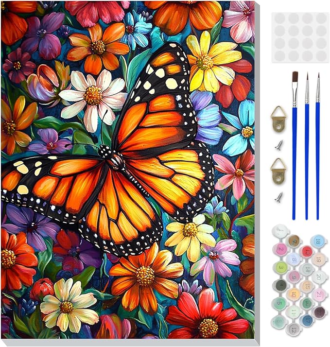 DOMROM Framed Paint by Numbers Kit for Adults Beginners, DIY Butterfly Paint by Number Kit on Canvas, DIY Oil Painting Kits for Home Wall Decor Gift 12x16inch