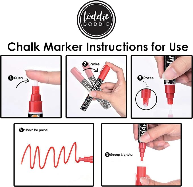 Loddie Doddie Chalk Markers, Liquid Chalk, Chalkboard Calendar, 4 Pack | 6mm Reversible Tip for Fine or Bold Lines, Washable Window Markers, Liquid Chalk Markers for Blackboard