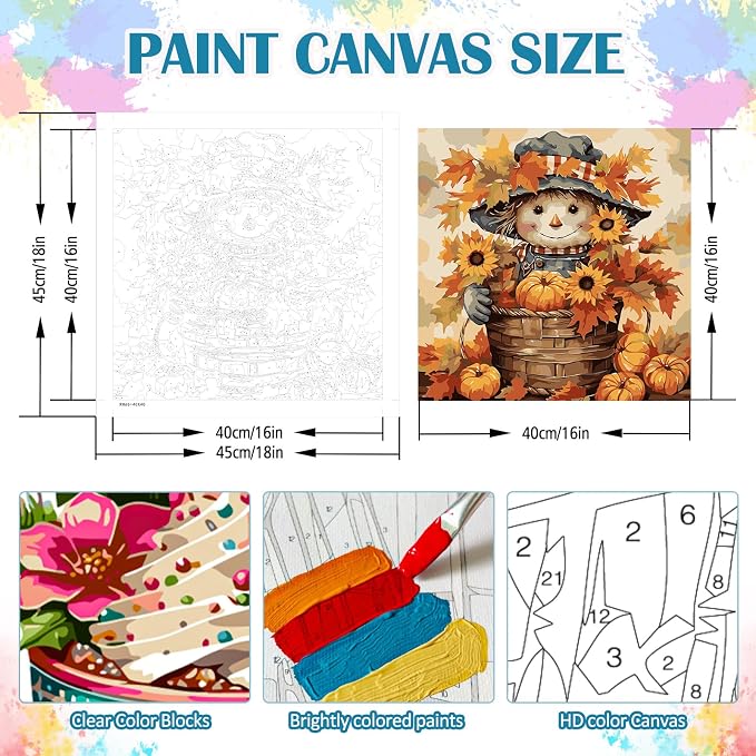 Fall Scarecrow Pumpkin Sunflower Paint by Numbers Kit for Adults, DIY Paint by Numbers Kits for Adults Beginners Without Frame, Acrylic Paint Canvas Painting Kits Art for Home Decor 16x16 Inch