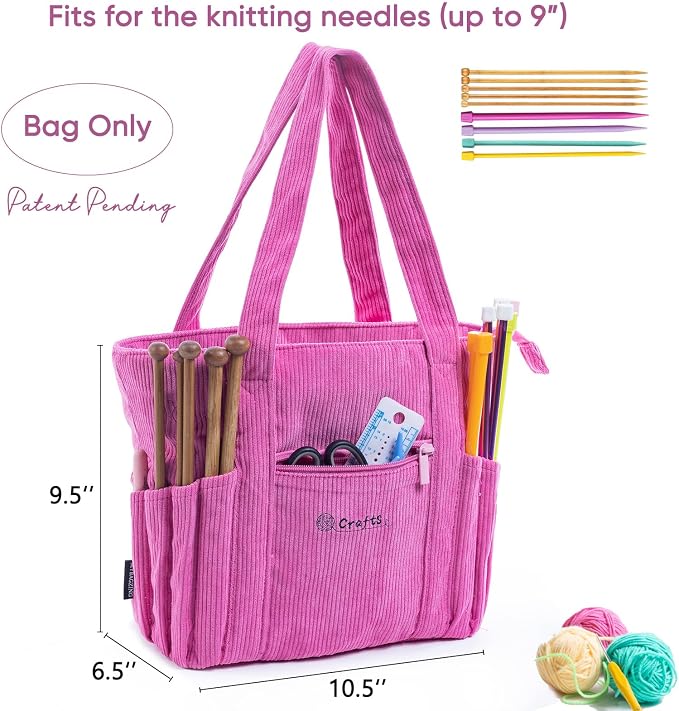 MYBAGZING Crochet Bag and Tote - Corduroy Yarn Bag - Yarn Holder for Crocheting - Crochet Storage Bag for Crochet Hooks, Crochet Accessories, Knitting Bag for Crochet Lovers, Mom Gift