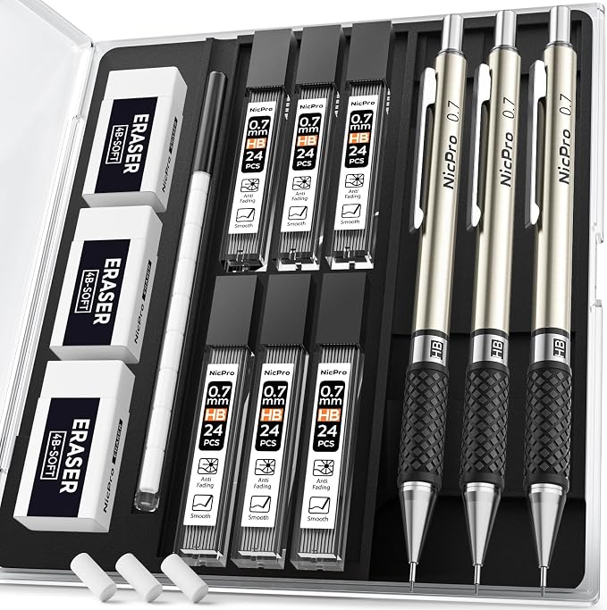 Nicpro 0.7 mm Art Mechanical Pencil Set in Storage Case, 3 PCS | Metal Drafting Pencil Lead Pencil+6 Tube HB Lead Refill, 12 Eraser, Comfort Grip For School Writing, Artist Drawing Sketching