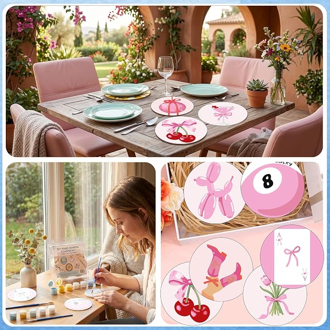 8 Pack Modern Paint by Numbers Kits Coasters with Holder Cork Pads | Pink Bow Paint by Number Kit for Adults Simple Round Oil Painting Coaster for Small DIY Craft Holiday Birthday Gift 3.9x3.9in