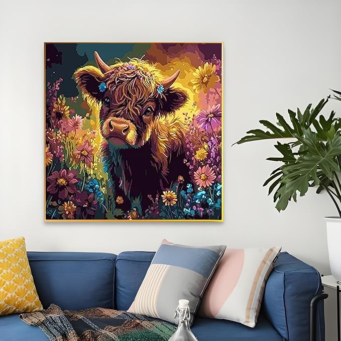 OJTOYART Highland Cattle Paint by Numbers Kit for Adults Beginners, Chrysanthemum Paint by Number Kits on Canvas, DIY Acrylic Oil Painting Kits for Home Wall Decor 16 x16 Inch