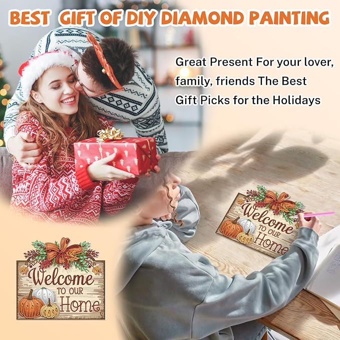 Bowetile Fall Diamond Art Hanging Kits for Adults, Welcome to Our Home Diamond Art Suncatchers, 5D Special Shape Autumn Diamond Painting Pendant Window Ornament Gifts for Home Door Wall Decor