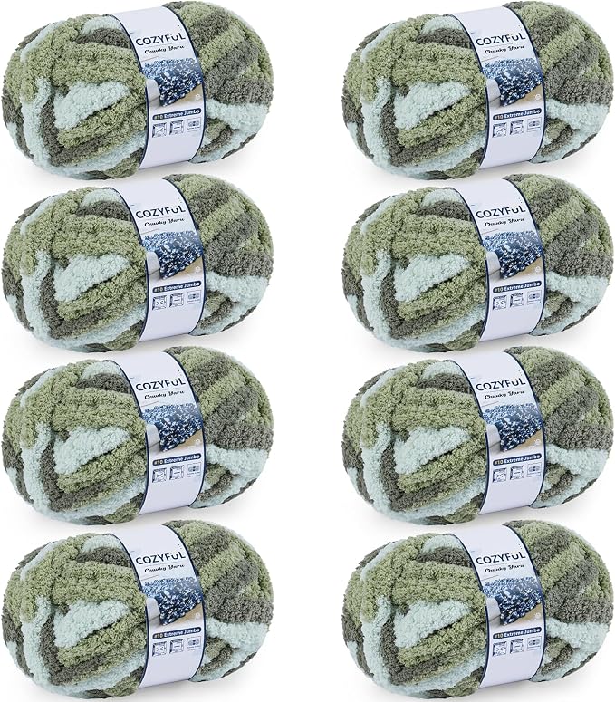 Cozyful Chunky Yarn for Hand Knitting - #10 Chunky Chenille Blanket Yarn, Jumbo Big Thick Chunky Yarns for Crocheting, Tie Dye Bulky Knit Yarns, 8 Skein (20 yds 8 oz Each Skein), Forest & Sage & Mint