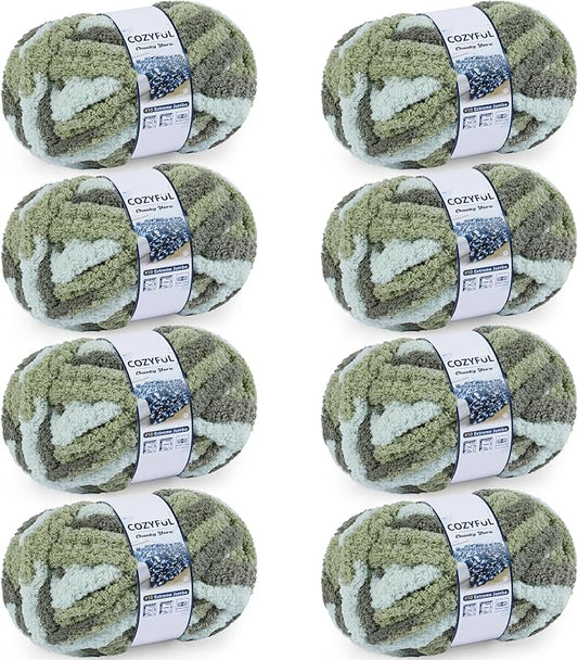 Cozyful Chunky Yarn for Hand Knitting - #10 Chunky Chenille Blanket Yarn, Jumbo Big Thick Chunky Yarns for Crocheting, Tie Dye Bulky Knit Yarns, 8 Skein (20 yds 8 oz Each Skein), Forest & Sage & Mint