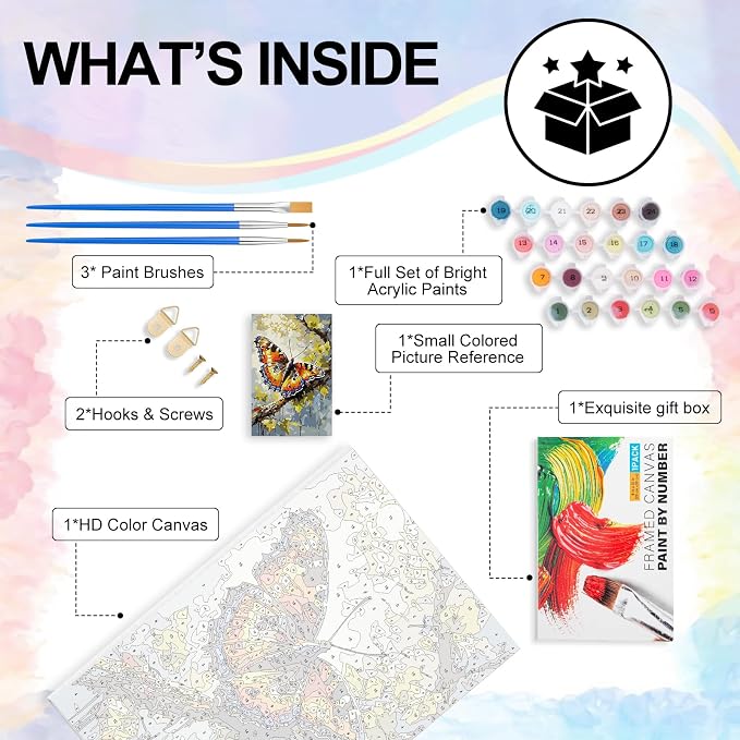 Yezavesu Framed Paint by Numbers Kit for Adults Beginner & Kids Ages 8-12, Butterfly Paint by Numbers with Frame, DIY Number Painting for Adults Butterfly for Home Wall Decor Gift 8X 12 inch | With Frame Canvas 8x12 inch, DIY Acrylic Painting by Number...