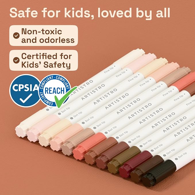 ARTISTRO Skin Tones Dual-Tip Acrylic Paint Marker Pens - Set of 12 | For Fabric, Rock, Glass, Wood, & Coloring Books, Arts & Crafts Gift, Classroom Must Haves & School Supplies (Dot & Fine Tips)