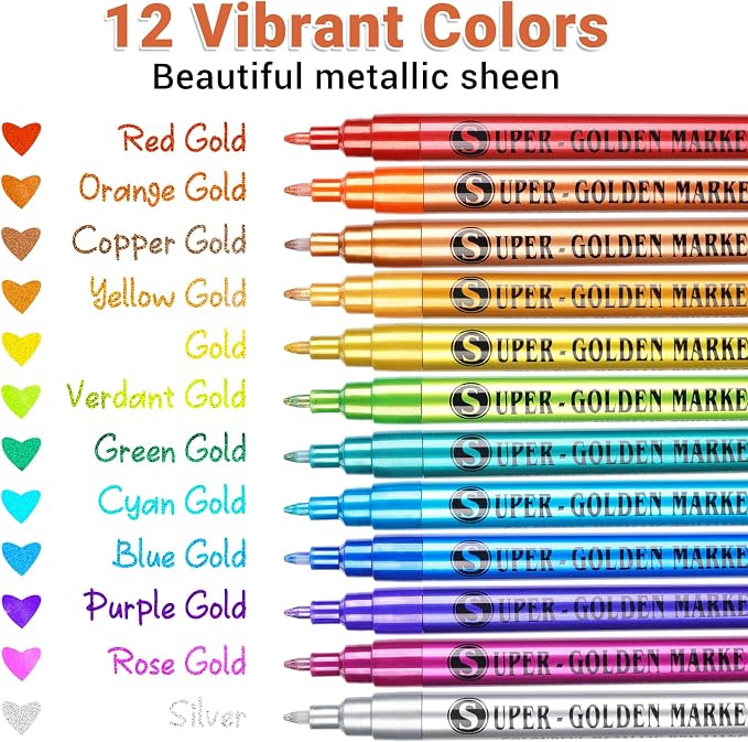 SAKEYR Super Golden Metallic Paint Markers, 12 Colors Sparkle Metallic Glitter Markers, 0.7mm Extra Fine Point Acrylic Paint Pens for Rock Painting, Glass, Wood, Black Paper, Scrapbook, DIY Art Crafts