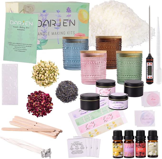 DARJEN Candle Making Kit for Adult, 4 Jars & 4 Tins Soy Wax Scented DIY Set | 100% Soy Wax, 10oz Glass Jars, 4oz Tins, Cotton Wicks, Pleasant Scents, Instruction& More- Perfect as Home Decorations