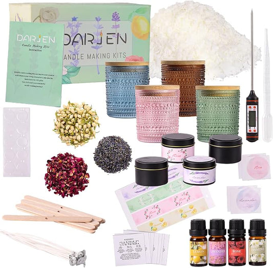 DARJEN Candle Making Kit for Adult, 4 Jars & 4 Tins Soy Wax Scented DIY Set | 100% Soy Wax, 10oz Glass Jars, 4oz Tins, Cotton Wicks, Pleasant Scents, Instruction& More- Perfect as Home Decorations