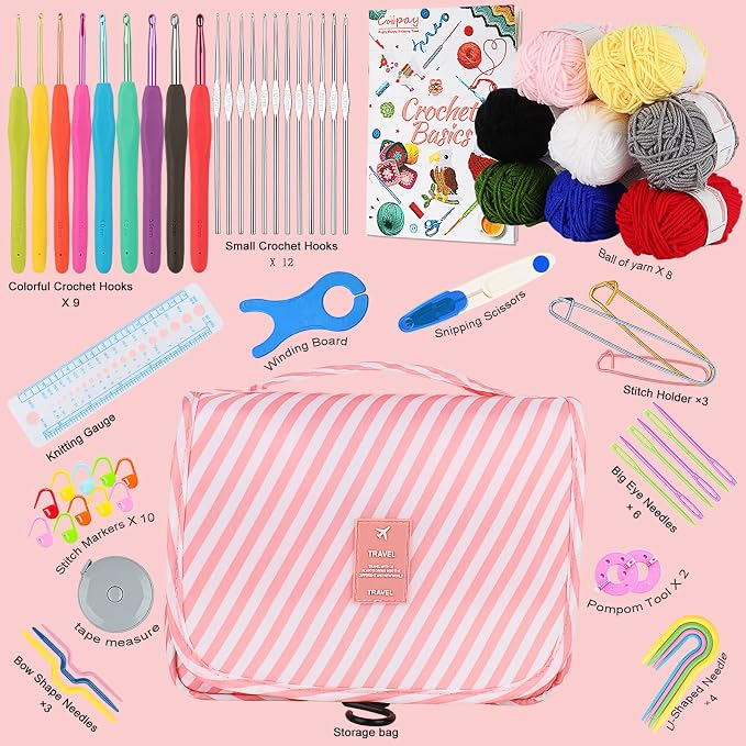 Coopay 63 Pcs Crochet Kit for Beginners, All-in-One Crochet Starter Kits | Complete Crocheting Set with Yarn, Ergonomic Crochet Hooks, Easy-to-Follow Tutorial,Storage Case-Idea Starter Kits Gift（Pink）