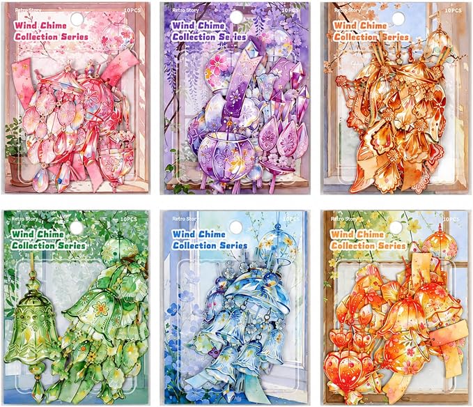 Doukado 60 Pcs Japanese Wind Chime Stickers, Cardstock Windbell Decals Set