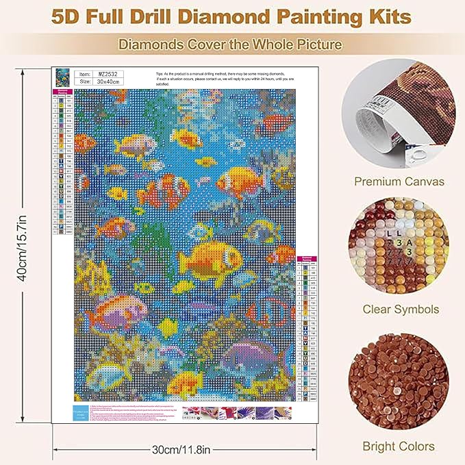 Diamond Art Kits for Adults,Colorful Fish Diamond Painting 12 x 16 Inch