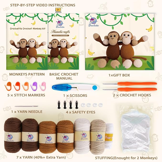 Crochetta Crochet Kit for Beginners, Crochet Kits with Step-by-Step Video Tutorials, Learn to Crochet Animal Kit for Adults Kids, DIY Craft Knitting Supplies, Monkey Amigurumi Gift(40%+ Yarn)