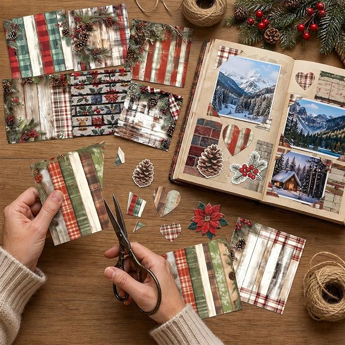 Vintage Christmas Scrapbooking Paper Pad, 24 Sheets 6-in Pinecone Aesthetic Patterned Decorative Material for DIY Art Crafts Collage Xmas Journals Decoupage Folded Gift Cards Photo Album