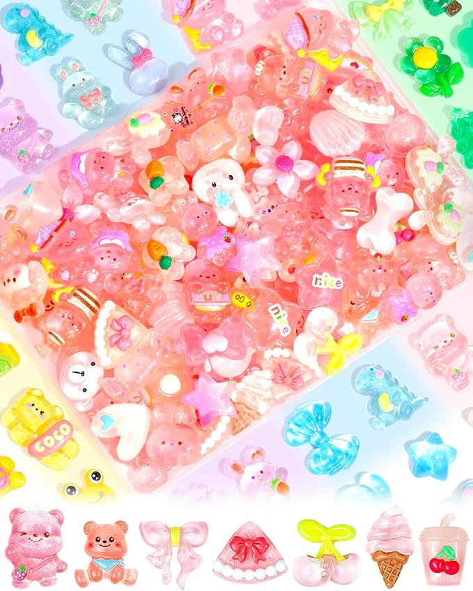 FIVEIZERO 100PCS Cute Slime Charms, Kawaii Flatback Resin Charms | 50+ Unique Designs, Glittery Finish, Easy to Glue, Lightweight and Durable, Perfect for DIY Decoration