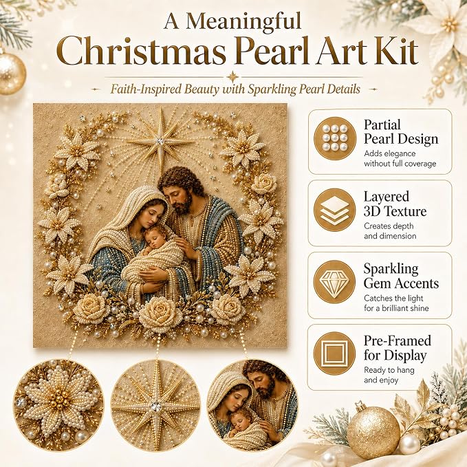 DIY Christmas Pearl Diamond Painting Kit, 5D Pearl Art Craft for Adults and Beginners, Christmas Church and Jesus Wall Decor, Holiday Gifts, 12 x 12 Inch (Jesus Design B)