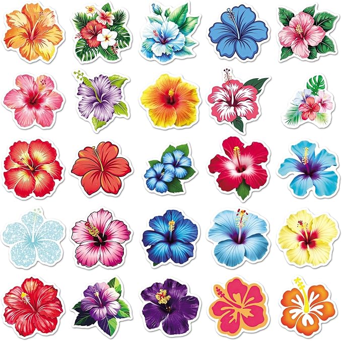 50pcs Aesthetic Hibiscus Stickers, Tropical Flowers Stickers, Hibiscus Flower Aesthetic Decals for Laptop Computer Notebook Scrapbook Water Bottle Waterproof Funny(colours-F15)