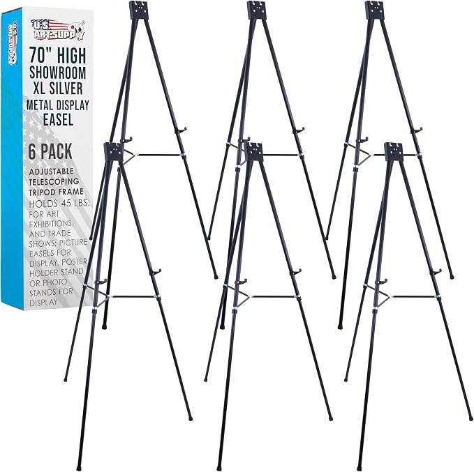 U.S. Art Supply 70" High Showroom XL Silver Metal Display Easel,Large 6Pack | Adjustable Height Portable Easel Stand, Sign Display, Holds 45 lbs - Floor & Tabletop Easels, Painting Stand