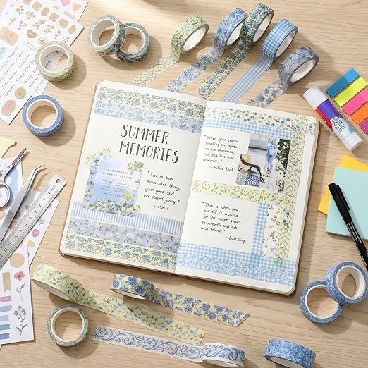 12 Roll Floral Washi Tape Set Flower Decorative Masking Tape for Scrapbook | Blue Hydrangea Washi Tape Set for Back to School Arts DIY Craft Scrapbook Journal Supplies Gifts