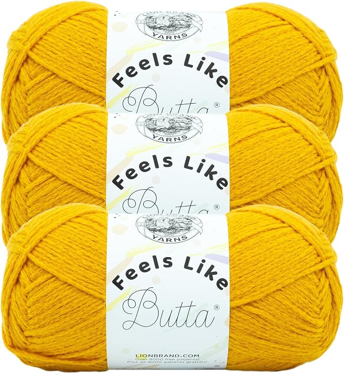 Lion Brand Yarn, Feels Like Butta Soft Yarn, Golden Sunshine Yellow, 3 Pack | Buttery Soft Machine Washable Worsted Weight Knit Fiber for Cuddly Baby Blankets, Warm Sweaters, Smooth Amigurumis