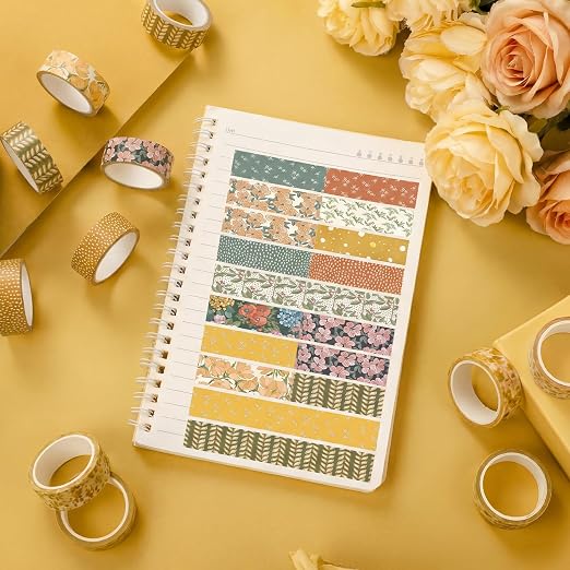 12 Rolls Floral Washi Tape Set,Warm Tones,Botanic | Watercolor Flowers Design for Scrapbook Journal DIY Craft School Supplies, 15 mm Vintage Decorative Masking Washi Tapes