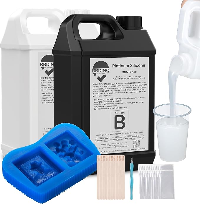 BBDINO Silicone Mold Making Kit 30A Platinum Liquid 2 Gallons Translucent | High Strength 1A:1B Mix Self-degassing Silicon Heat Resistant 446F Ideal for Molding of Resin/Jewelry/Candle/Concrete/Plaster