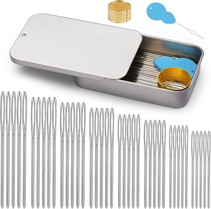 TLKKUE 100/40 Pcs Large-Eye Blunt Needles, Steel Tapestry Needle 8 Sizes | Needle Threader Thimble, Steel Yarn Needles for Sewing Knitting Crafting Weaving Crochet Tapestry (Silver, 8 sizes/40 pcs)