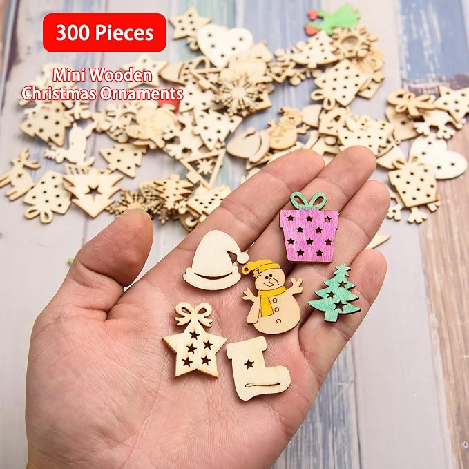 300 Pieces Unfinished Mini Wooden Christmas Ornaments DIY Wooden Christmas Ornaments Mini Blank Wood Slice Cutout Xmas Craft for Holiday Winter Xmas Tree Hanging Decoration DIY Craft,30 Styles
