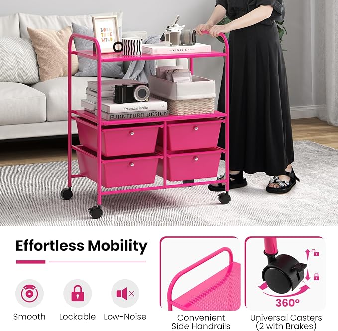 Giantex Rolling Storage Cart w/ 4 Drawers 2 Shelves Metal Rack Shelf Home Office School Beauty Salon Utility Organizer Cart with Wheels, Hot Pink