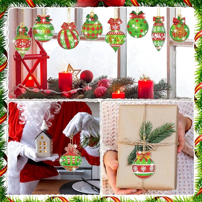 Tondiamo 20 Pcs Christmas Diamond Painting Keychain Kits 5D DIY Diamond Art Pendants Double Sided Hanging Key Chains for Christmas Party Decoration DIY(Green Balls)